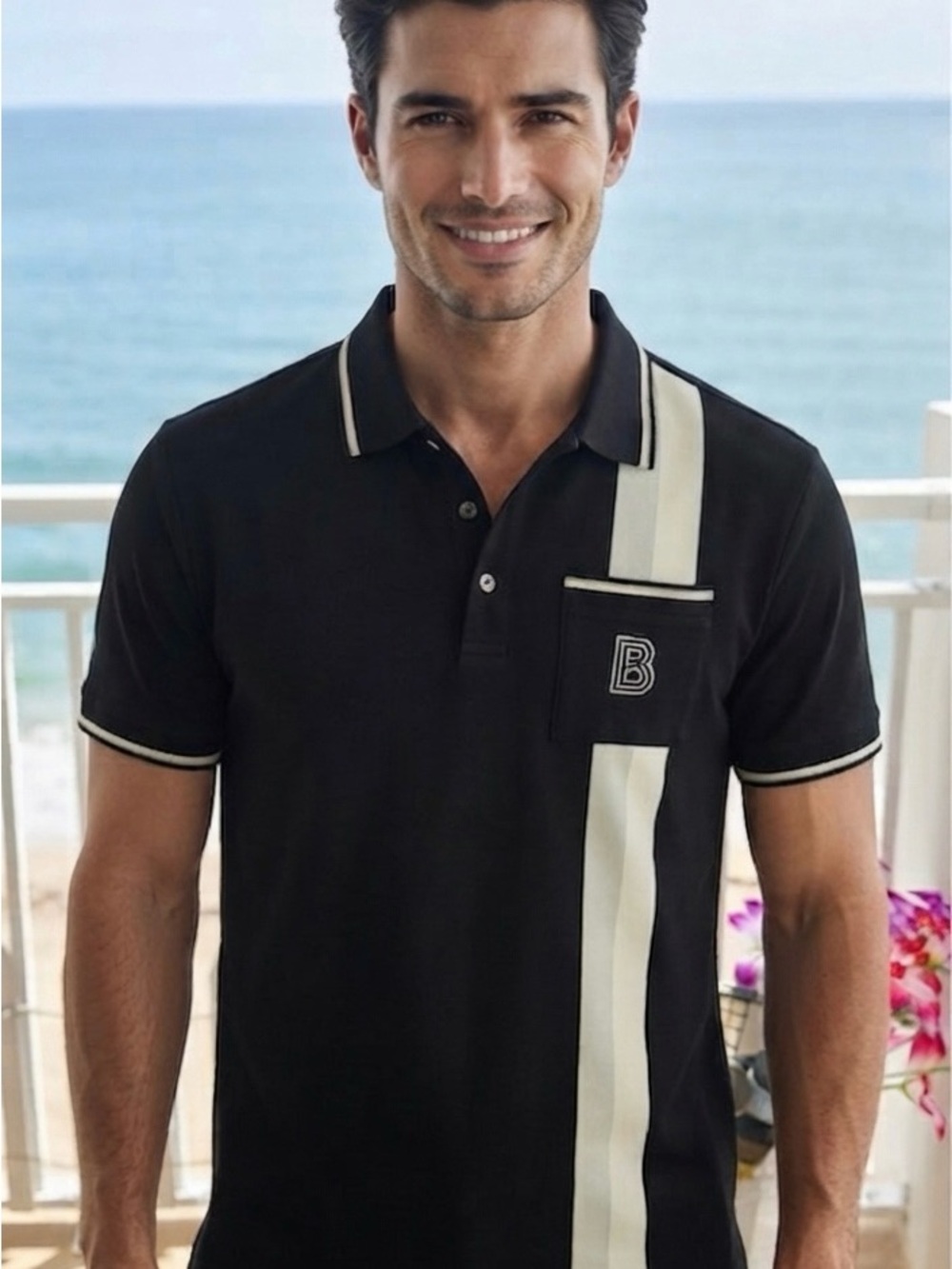 Bogner Black Polo Shirt with White Accents and side top pocket.